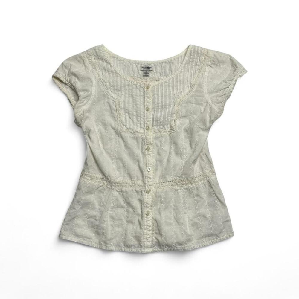 American Eagle Vintage White Baby Doll Button Short Sleeve Cotton Top Size Small - Picture 5 of 5